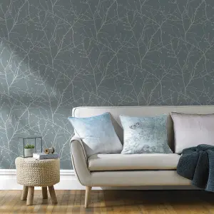 Superfresco Easy Innocence Floral Metallic Duck Egg Blue Wallpaper