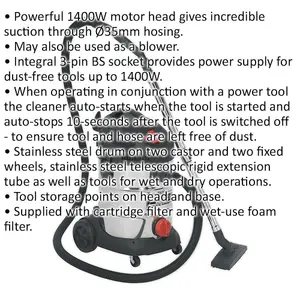 1400W Industrial Wet & Dry Vacuum Cleaner - 30L Steel Drum - Auto Start Feature