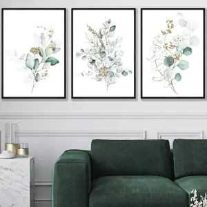 Set of 3 Green Blue Watercolour Eucalyptus Set 1 Wall Art Prints / 50x70cm / Black Frame