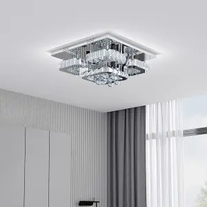 Modern 50cm 5 Head Square Fancy Crystal LED Chrome Flush Mount Dimmable Ceiling Light Fixture