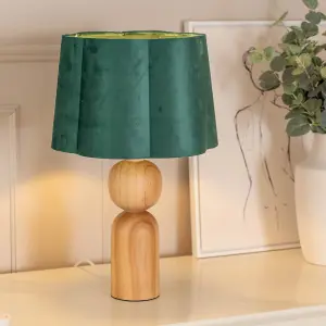 ValueLights Azalea Rustic Wooden Table Lamp with Forest Green Velvet Scallop Shade