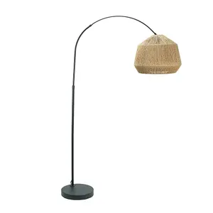 ValueLights Louis Black Arched Curved Floor Lamp with Natural Rope Dome Lamp Shade and LED Bulb