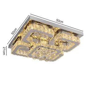 Modern 50cm 5 Head Square Fancy Crystal LED Chrome Flush Mount Dimmable Ceiling Light Fixture