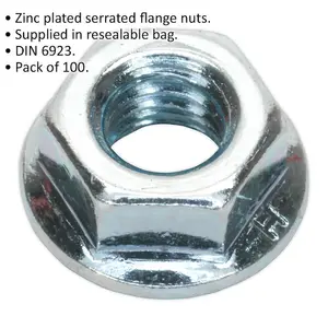 100 Pack of Zinc Plated M6 Serrated Flange Nuts - 1mm Pitch - DIN 6923 for Secure Fastening