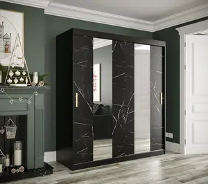 Stylish Black Geneva Sliding Door Wardrobe W1800mm H2000mm D620mm - Mirrored Doors, Gold Handles, Ample Storage