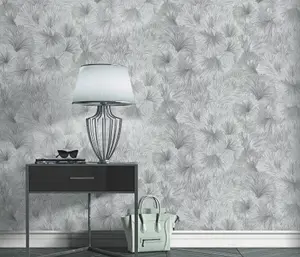 Designer Ginkgo Flower Wallpaper in Silver and Charcoal