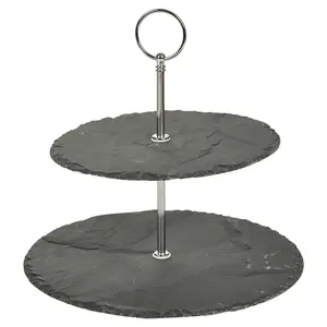 URBNLIVING 2 Tier Slate Round Pastry Pie Stand Decorative Wedding Cake Cupcake Platform Plate NEW