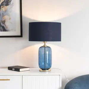 ValueLights Leigh Navy Blue Glass and Gold Detail Table Lamp with Drum Shade Light - LED Bulb Included