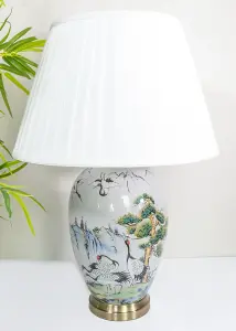 Grey Crane Ceramic Table Lamp with Pleated Shade