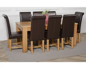 Dakota 182 x 92 cm Chunky Oak Large Dining Table and 8 Chairs Dining Set with Washington Brown Leather Chairs