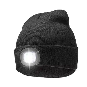 Black Unisex LED Beanie Hat With USB Rechargeable Battery 5 Hours High Powered Light