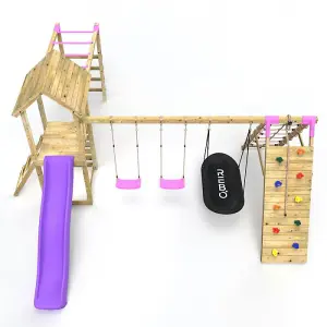 Rebo Wooden Climbing Frame with Swings, Slide, Up & over Climbing wall and Monkey Bars - Pyrennes Pink