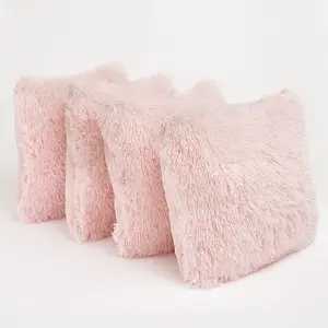 Set of 4 Fluffy Shaggy Filled Cushion with Cover Square