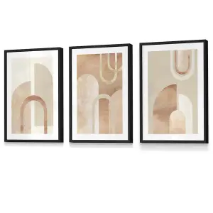 Set of 3 Mid Century Terracotta and Beige Arches Wall Art Prints / 30x42cm (A3) / Black Frame