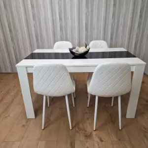 Wooden White Black Dining Table  with 4 White Stitched Leather Chairs Set