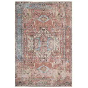 Distressed Terracotta Blue Persian Style Washable Non Slip Rug 60x110cm