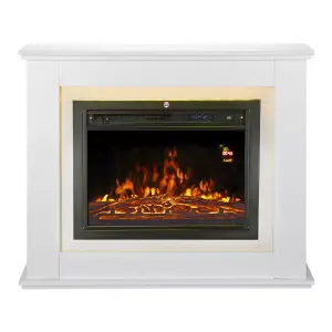 Modern White Electric Fireplace with Remote Control, Triangle LED Log Fire, and Stylish Mantle