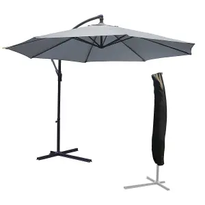 KCT Garden Parasol 3m Large Grey Cantilever with Protective Cover