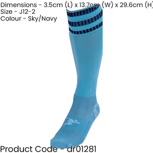 JUNIOR Size 12-2 Pro 3 Stripe Football Socks - SKY BLUE/NAVY - Contoured Ankle