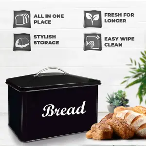 Vintage Style Bread Bin Large Stainless Steel Food Storage Retro Kitchen, Black