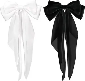 Silky Satin Hair Bows, 2 PCS Big Black Bow And White Bow Set Bowknot Metal Spring Clip Oversized Long Tail Hair Ribbons Ponytail Holder French