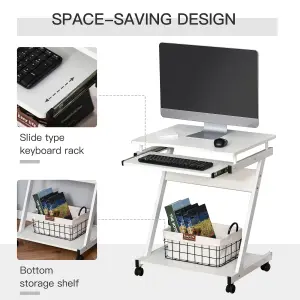 HOMCOM Movable Computer Desk with 4 Moving Wheels Sliding Keyboard Tray White