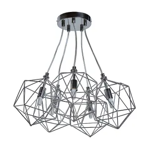 ValueLights Jerome Industrial 5 Way Geometric Chrome Wire Basket Cage Ceiling Pendant Light Fitting - Including Bulbs