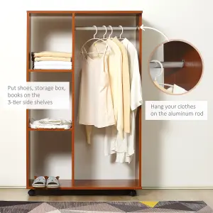 HOMCOM Rolling Open Wardrobe Hanging Rail Storage Shelves for Clothes, Walnut