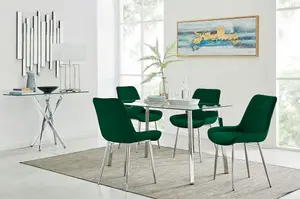 Cosmo Rectangular Chrome Metal And Glass Dining Table for Modern Dining Room With 4 Green Velvet Pesaro Dining Chairs