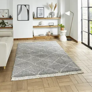 Grey Geometric Shaggy Rug, Stain-Resistant 45mm Thick Modern Rug for Bedroom, Living Room, & Dining Room-120cm X 170cm