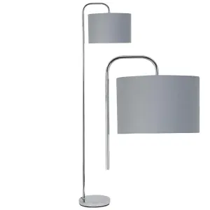 First Choice Lighting Chrome Arched Floor Lamp with Grey Cotton Shade