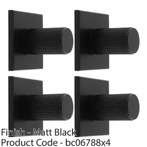 4 PACK - Reeded Cylinder Cabinet Door Knob & Matching Backplate - Matt Black 40 x 40mm