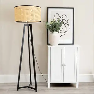 ValueLights Lottie Black Wood Tripod Floor Lamp with Natural Cane Rattan Drum Shade - LED Bulb Included