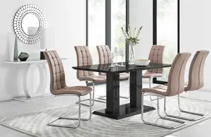 Imperia Black High Gloss 6 Seater Dining Table with Structural 2 Plinth Column Legs 6 Beige Padded Faux Leather Murano Chairs