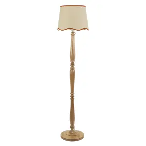 ValueLights Victoria Light Wood Floor Lamp with Linen Scallop Rust Trim Tapered Shade & Bulb