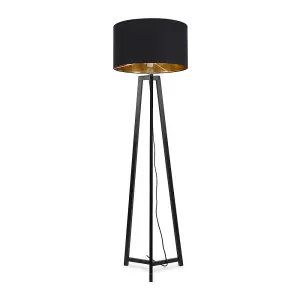 ValueLights Lottie Black Wood Tripod Floor Lamp with Black/Gold Drum Shade