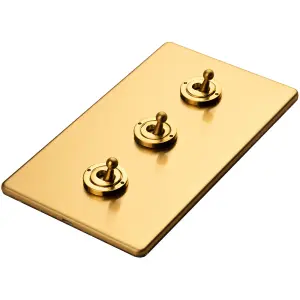 3 PACK 3 Gang Triple Retro Toggle Light Switch SCREWLESS SATIN BRASS 10A 2 Way