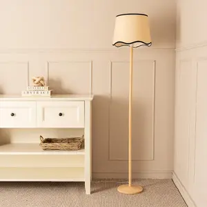 ValueLights Triston Natural Light Wood Stem Floor Lamp with Scallop Black Trim Tapered Shade and LED Bulb