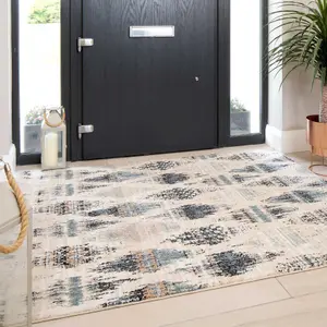 Navy Blue Beige Distressed Diamond Trellis Soft Living Area Rug 80x150cm