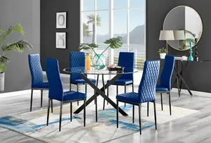 Furniturebox UK Novara Black Leg 120cm Round Glass Dining Table & 6 Navy Velvet Milan Black Leg Chairs