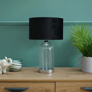 ValueLights Jessy Glass and Silver Chrome Metal Bedside Table Lamp with a Black Velvet Lampshade - Bulb Included