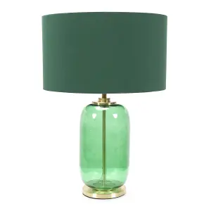 ValueLights Leigh Forest Green Glass and Gold Detail Table Lamp with Drum Shade Light - LED Bulb Included