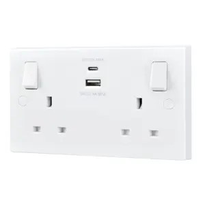 BG White Double 13A Raised square Switched Screwed Socket with USB, x2 & White inserts