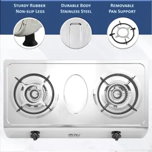 NJ-200SD Indoor Gas Stove 2 Burner Stainless Steel Portable Camping Cooker LPG  8kW