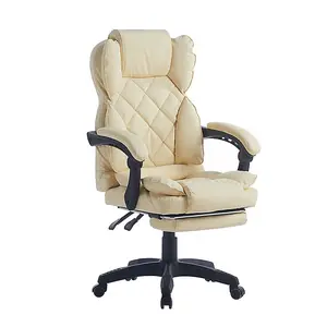 Executive  Swivel Cream Office Chair PU Leather Computer Desk Chair With Footrest