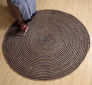 CHAKKAR DARK Stripe Round Jute Beige Black Rug / 90 cm Diameter