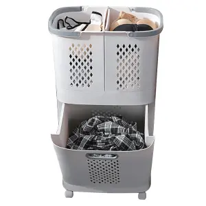 Laundry Basket 2 Tier 3 Section Laundry Hamper Sorter Divided Clothes Storage Organizer on Wheels