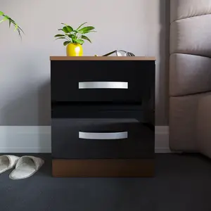 Arkadij 2 Drawer Beside Table With Metal Runners, Modern Bedroom Storage Cabinet Black/Walnut