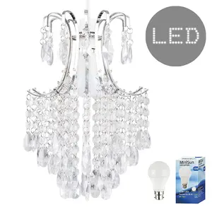 ValueLights Donah Silver Ceiling Pendant Droplets Shade and B22 GLS LED 10W Cool White 6500K Bulb