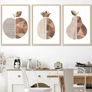 Set of 3 Framed  Framed Geometric Wood Grain Effect Fruit / 50x70cm / Oak